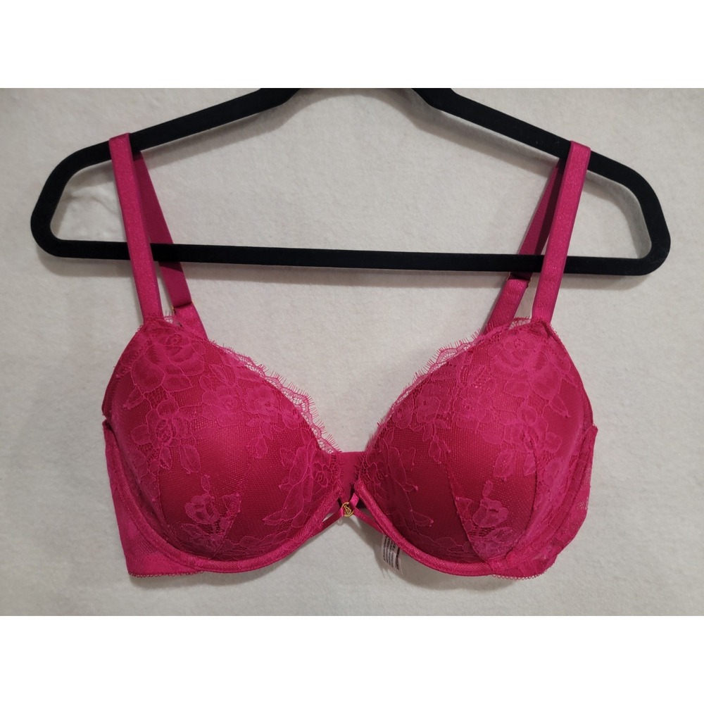 Victoria's Secret Very Sexy Low Cut Demi Bra 36DD Magenta Rose Lace Gold Logo